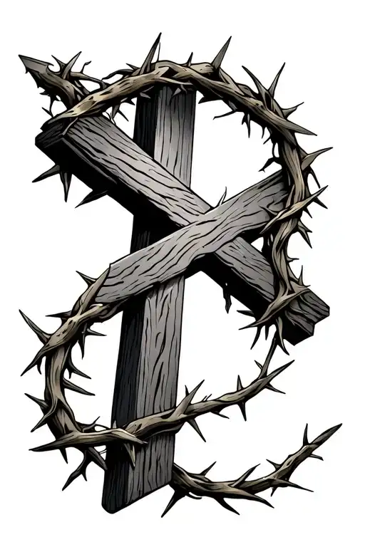 old rugged cross with crown of thorns hanging in corner tattoo design idea