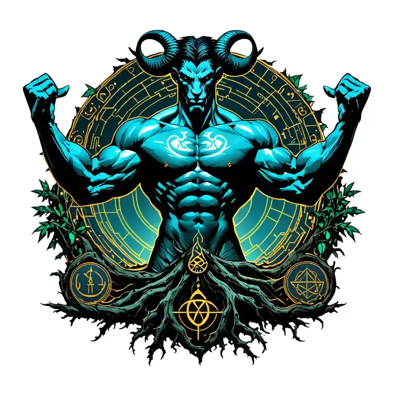 Satyr with horns and a massive bodybuilder muscles flexing. Surrounded by natural roots, vines and sigils tattoo design idea