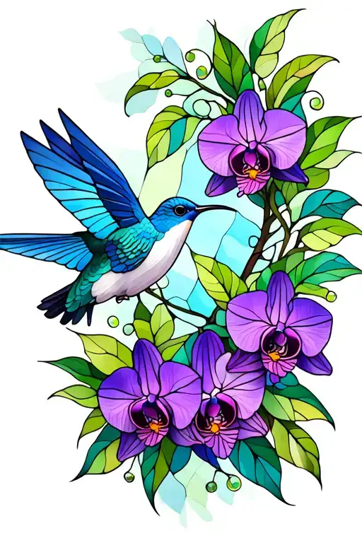 Blue purple orchids at bottom, green leaves and vines coming up, stained glass hummingbird, tattoo background minimalist tattoo design idea
