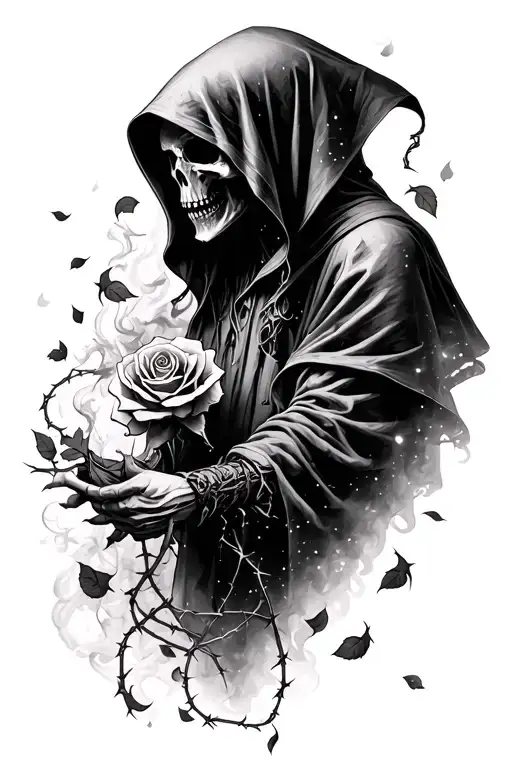 hooded reaper, smoke, with falling rose pedals, and barbed wire tattoo design idea
