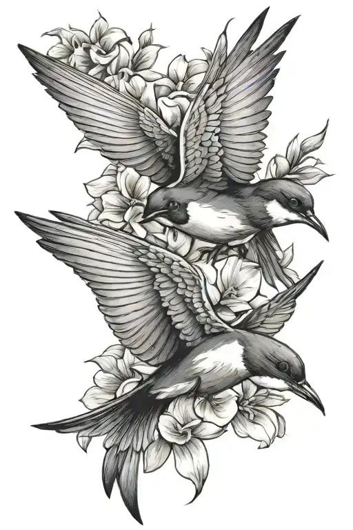 Two Swallows flying with llillies tattoo design idea