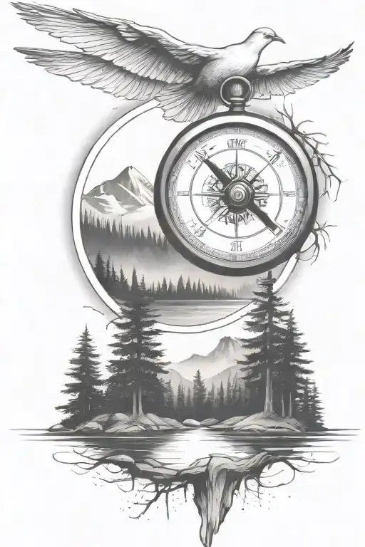 pine tree forest with stream and mountains with compass and dove with a father and son  tattoo design idea