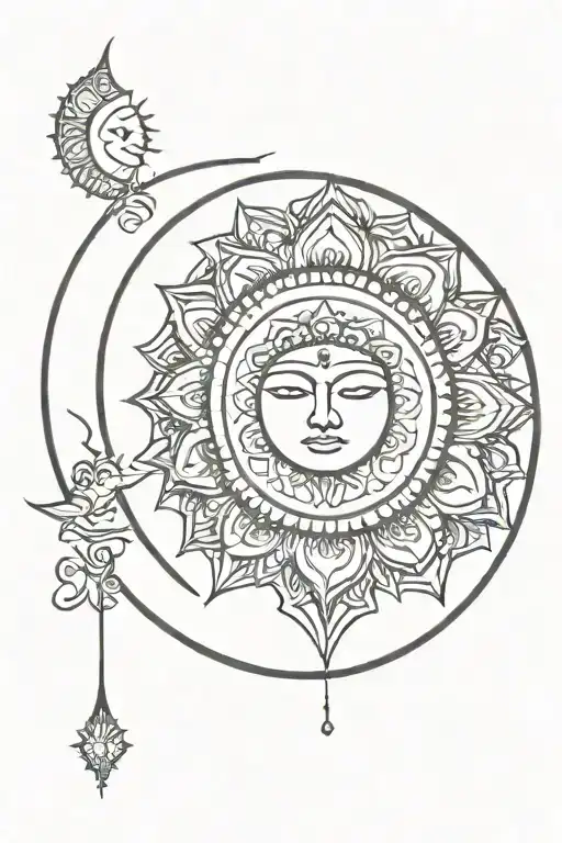 cresent moon with lady face and sun at center with mandala at bottom tattoo design idea