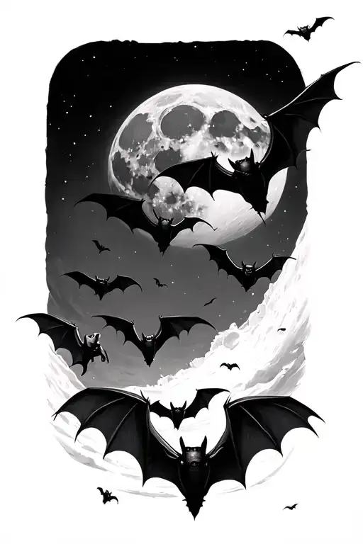 bats flying to the moon tattoo design idea