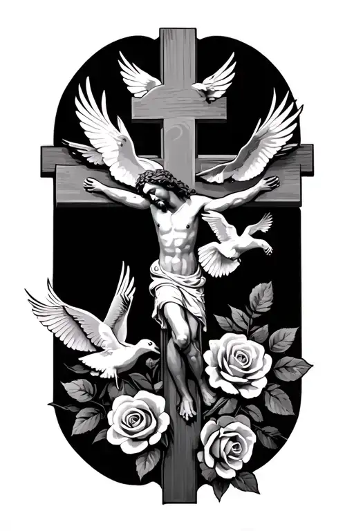 a cross with roses and doves flying with Jesus  tattoo design idea