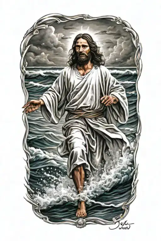 Hyper Realistic, Portrait of Jesus Christ walking on water waves, stormy waters tattoo design idea