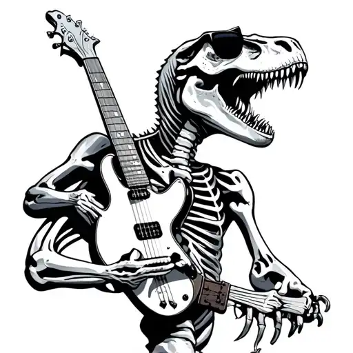 dinosaur skeleton guitarist with sunglasses tattoo design idea