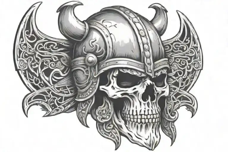 skull wearing Viking helmet with two axes crossed beneath tattoo design idea