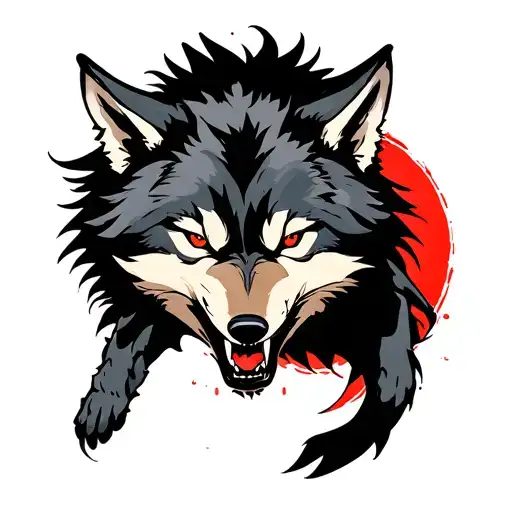 Japanese and cyberpunk style wolf growling tattoo design idea