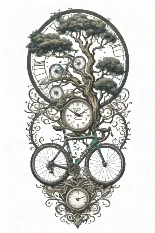 gravel bike  with a tree intertwined fantasy and a clock  tattoo design idea