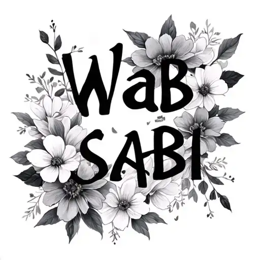 wabi sabi written with flowers surrounding it. tattoo design idea