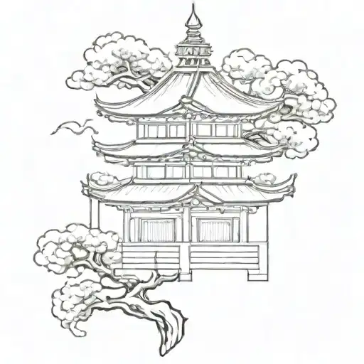 the top half of a pagoda coming out of an omamori amulet tattoo design idea