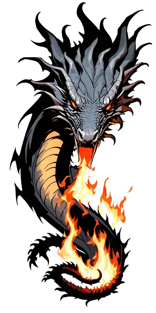 dark dragon breathing fire tattoo design idea