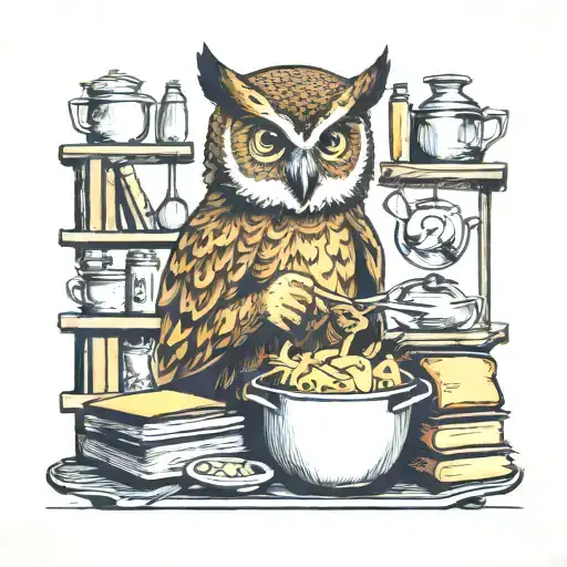 A wise owl cooking in a fun kitchen surrounded by knowledge books tattoo design idea