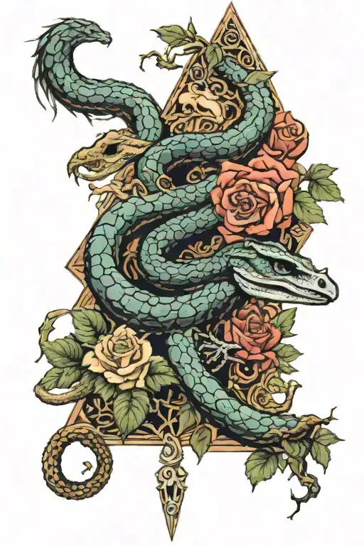 tree snake one pyramid black eagle waterfalls eyeball wheelchair sun, moon ,whale, dragon emersing, yinyang skull roses tattoo design idea