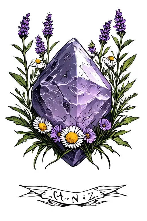 Algiz runestone intertwined in lavender and chamomile sprigs in gothic black and grey artstyle tattoo design idea