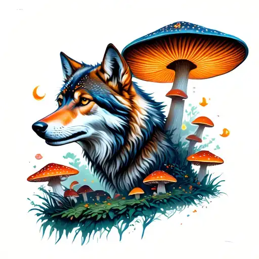 a wolf warrior in a magical mushroom forest in psychedelic format tattoo design idea