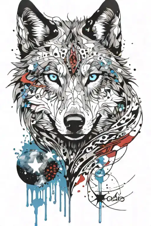 Wolf with blue eyes, background having fire and water elements, the top are moon and star tattoo design idea