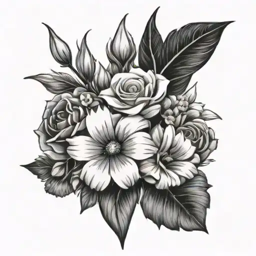 flower bouquet- Daisy , rose , morning glory , gladiolus , peony tattoo design idea