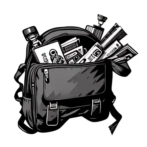 A tattoo of a student backpack filled with travel essentials and video game items peeking out tattoo design idea