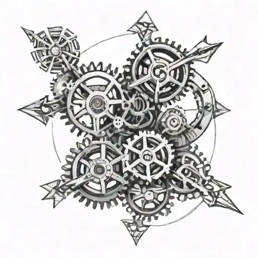 An abstract design of intertwined gears and arrows, representing the interconnectedness of curiosity, personal freedom, and financial investment tattoo design idea