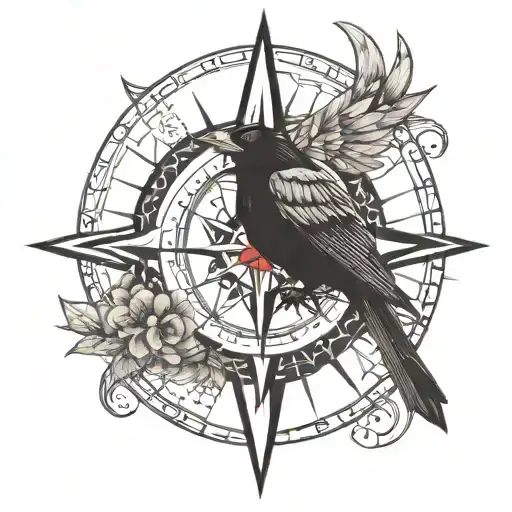 Nordic compass and raven perched tattoo design idea
