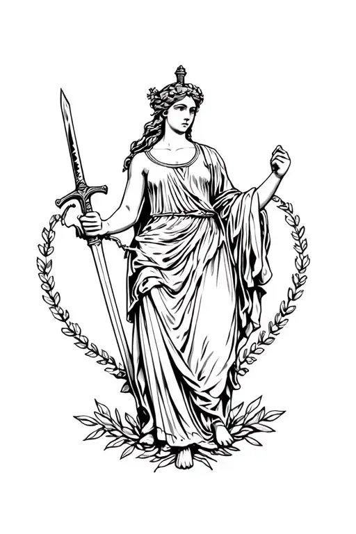 Full body Roman goddess Victoria holding a sword in one hand and a laurel wreath in the other tattoo design idea