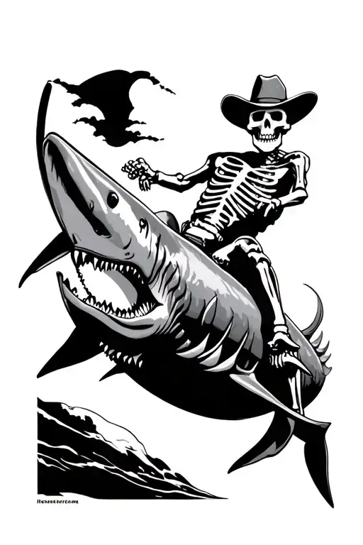 skeleton cowboy riding a shark tattoo design idea