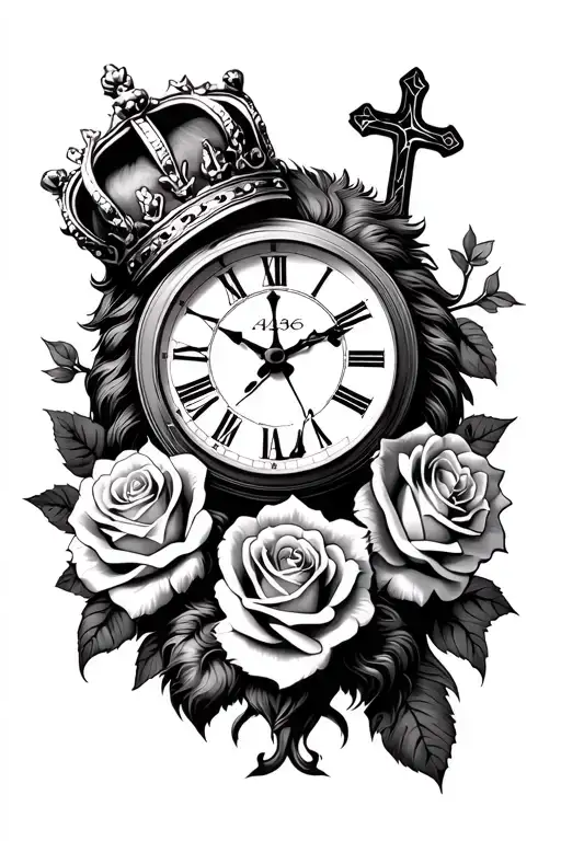 lion with crown, roses intertwined, clock with roses with time 4:36. and a cross tattoo design idea