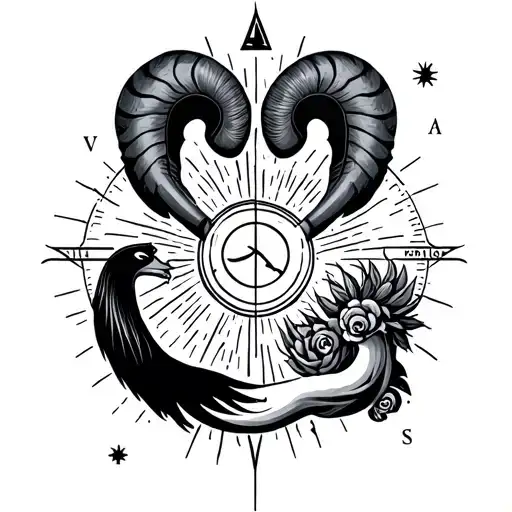 A minimalist design showcasing the symbols of Aries, Virgo, and Aquarius in a traditional black and grey style tattoo design idea