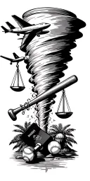 tornado sucking up scales of justice, baseball bat, baseball, airplane, passport, dumbbell, and palm tree. tattoo design idea