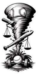 tornado sucking up scales of justice, baseball bat, baseball, airplane, passport, dumbbell, and palm tree. tattoo design idea