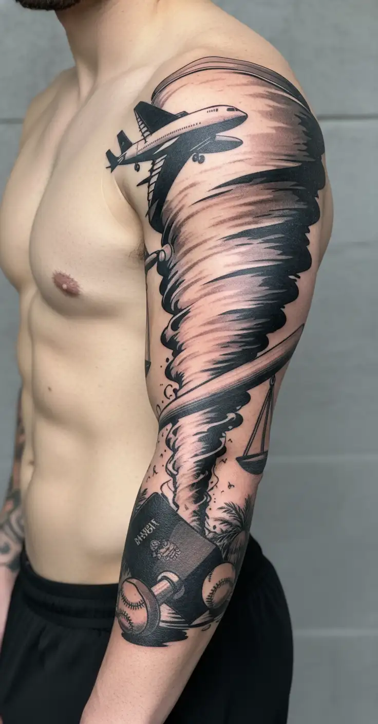 tornado sucking up scales of justice, baseball bat, baseball, airplane, passport, dumbbell, and palm tree. tattoo design idea
