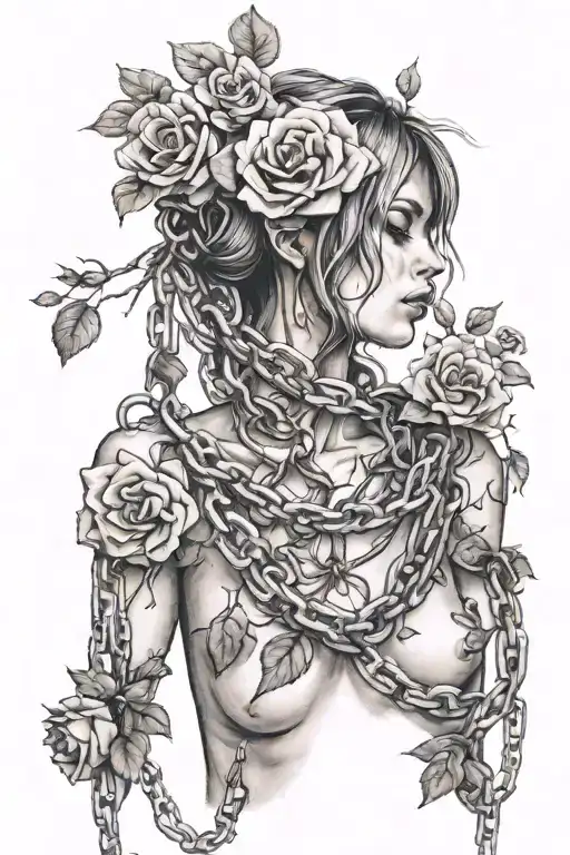 Naked girl, roots growing out of chains, roses tattoo design idea