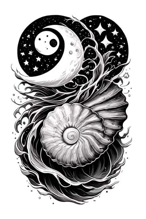 celestial moon and stars, ocean flow, spiral seashell all flowing into eachother with the spiral shell as center mandala tattoo design idea