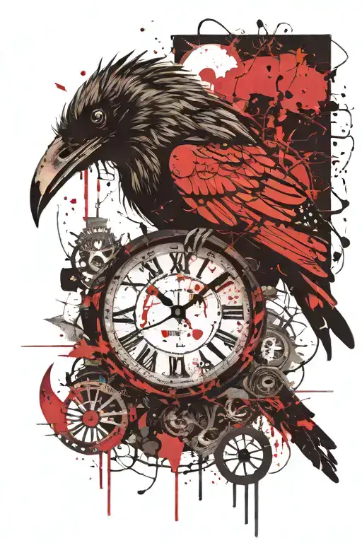raven, clock, ampersand tattoo design idea