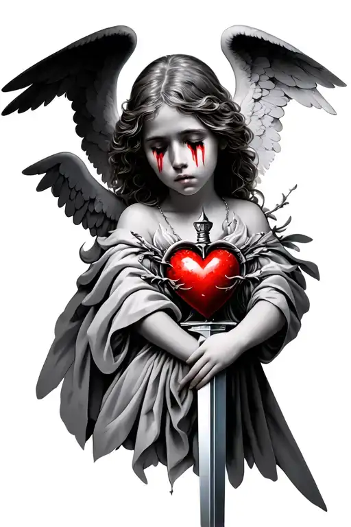 An angel crying with a heart that is crossed by a sword tattoo design idea
