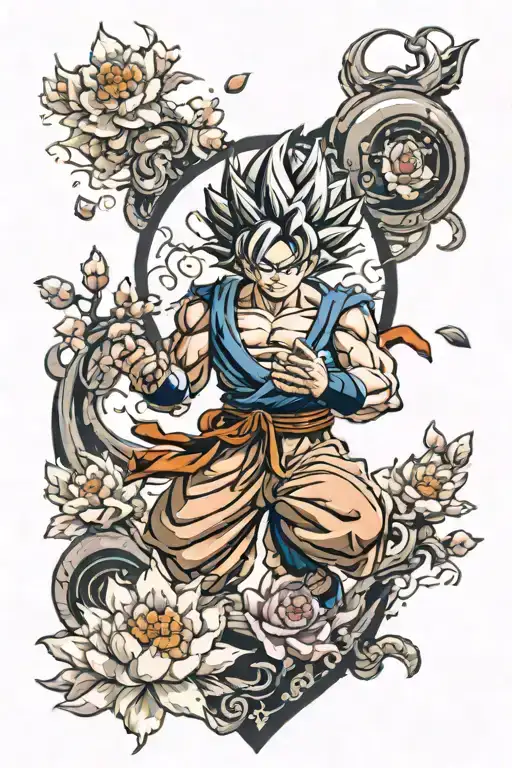 sakura flowers surrounding goku ultra instinct tattoo design idea