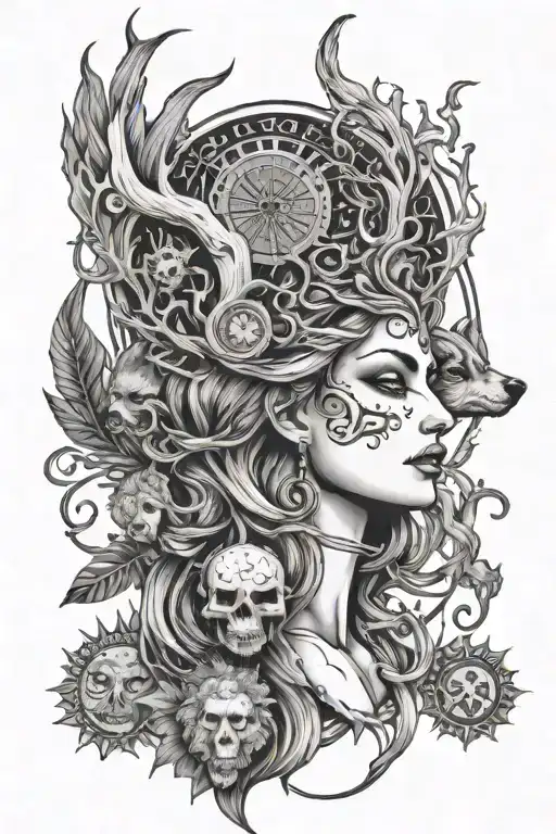 Hecate goddess of magic, Hades God, sun, moon, smokes, lettering and dog with tree heads tattoo design idea