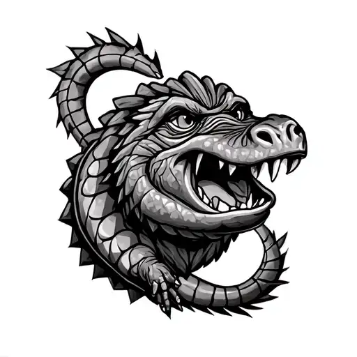 In the style of MC Escher, a scene that connects two existing shoulder tattoos, Gator logo, See No Evil alibaster monkey tattoo design idea