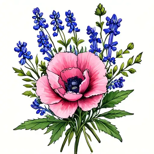 small bouquet or rhodendron, bluebonnets and poppies tattoo design idea