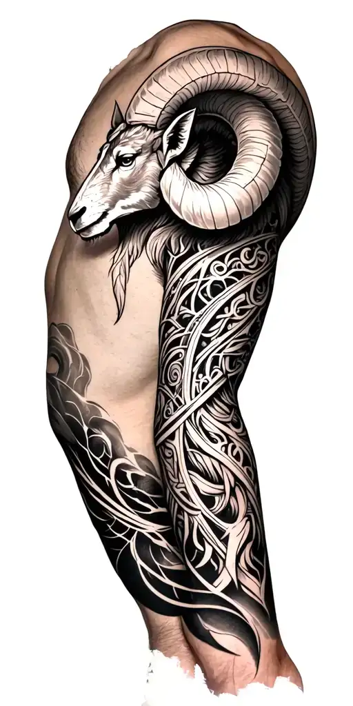 Full Left arm Sleeve for a man. Zodiac Aries theme with Nordic influence  tattoo design idea