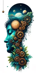 Buddhist lush natur only landscape in steampunk style, with wooden gears, and abstract constallation and space. no  tattoo design idea