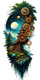 Buddhist lush natur only landscape in steampunk style, with wooden gears, and abstract constallation and space. no  tattoo design idea
