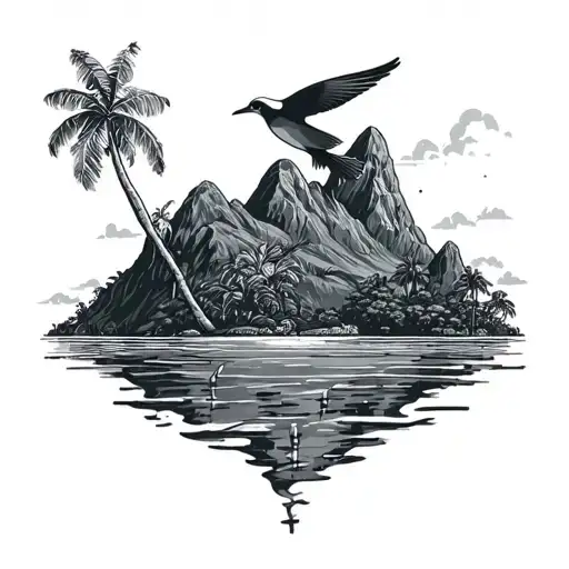 fiji island with life and mountains and bird should tell like a timeline tattoo design idea
