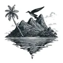 fiji island with life and mountains and bird should tell like a timeline tattoo design idea