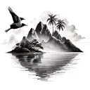 fiji island with life and mountains and bird should tell like a timeline tattoo design idea