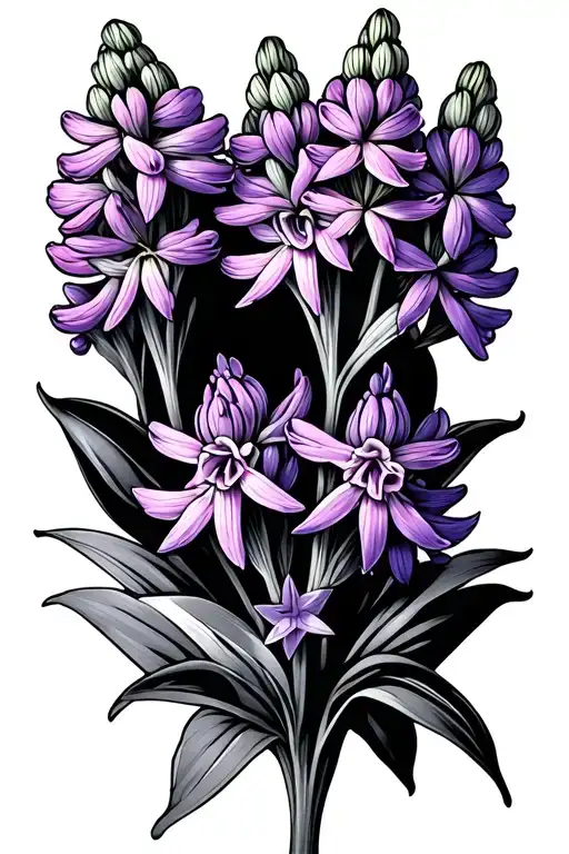 Pink and lavender hyacinth with star children from howl’s moving castle dancing around the stem of the hyacinth. tattoo design idea