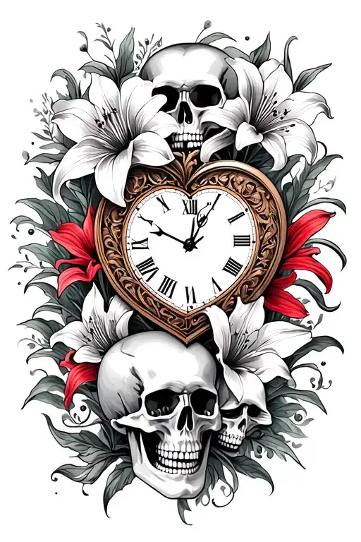 A half a sleeve with skulls and red spider lily flowers and Roman number heart shaped clock with the time I was born 9:3 tattoo design idea