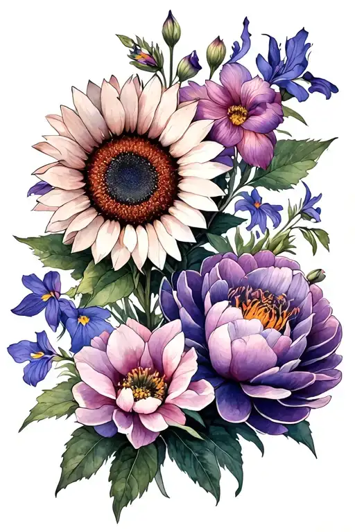 Sunflower, peony, iris, pink, hemérocalle, dahlia, lobelia, purple phlox, queen-marguerite, street wild and thrush tattoo design idea